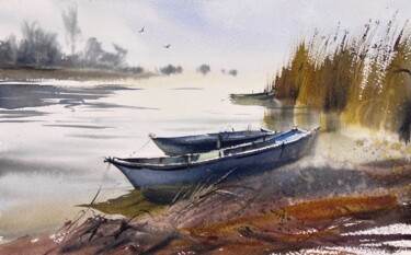 Boats in the Morning Haze Pittura intitolato "Boats in the Mornin…" da Eugenia Gorbacheva, Opera d'arte originale, Acquarello