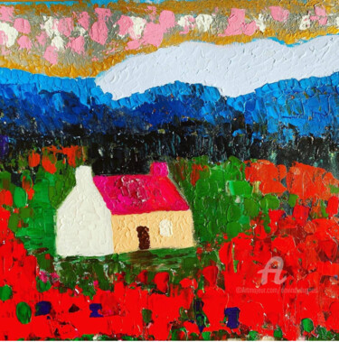 Painting titled "Red poppy fields Hi…" by Davina Dugnas, Original Artwork, Acrylic
