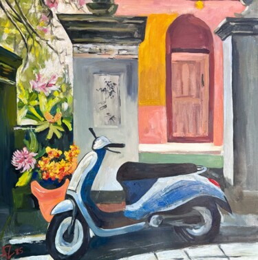 Утро на Бали Schilderij getiteld "Утро на Бали" door Aleksandra Zaika, Origineel Kunstwerk, Olie Gemonteerd op Frame voor houten brancard