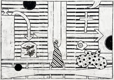 Controlling the Motion of Something (Linocut) Printmaking titled "Controlling the Mot…" by Rick Fraterman, Original Artwork, Linocuts