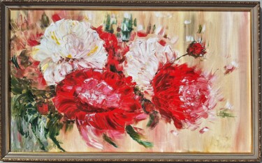 Peony flowers 2 Painting titled "Peony flowers 2" by Julia Popova, Original Artwork, Oil Mounted on Wood Stretcher frame