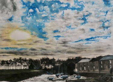 Painting titled "Couché de soleil su…" by Yves Signor, Original Artwork, Watercolor Mounted on Wood Stretcher frame