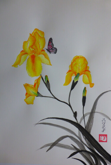 iris jaunes Desenho intitulada "iris jaunes" por Marie-Françoise Le Néen, Obras de arte originais, Aquarela
