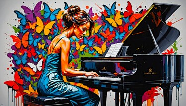 Arts numériques intitulée "butterfly pianist" par Modane, Œuvre d'art originale, Image générée par l'IA