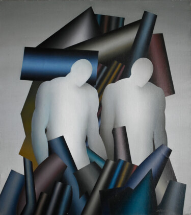 Schilderij getiteld "Atlanteans" door Arija Paikule, Origineel Kunstwerk, Olie Gemonteerd op Frame voor houten brancard