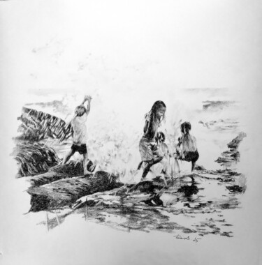Drawing titled "Солнце Воздух и Вода" by Boytsov, Original Artwork, Charcoal