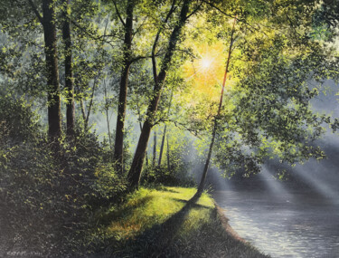 Schilderij getiteld "Sunlit Forest and R…" door Sergey Miqayelya, Origineel Kunstwerk, Olie Gemonteerd op Frame voor houten…