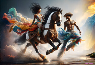 Arts numériques intitulée "promenade à cheval 1" par Francoise Chopin, Œuvre d'art originale, Image générée par l'IA