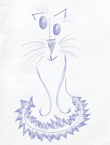 Tekening getiteld "Chat ébouriffé" door O.M.A., Origineel Kunstwerk, Balpen