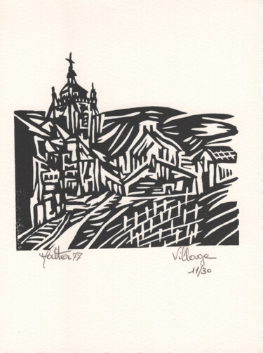 "Village" başlıklı Baskıresim Alain Halter tarafından, Orijinal sanat, Linocut