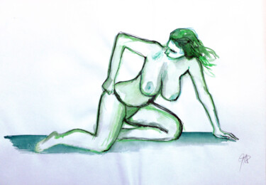 「Kniender Akt in Grü…」というタイトルの描画 Götz Wiedenrothによって, オリジナルのアートワーク, 水彩画