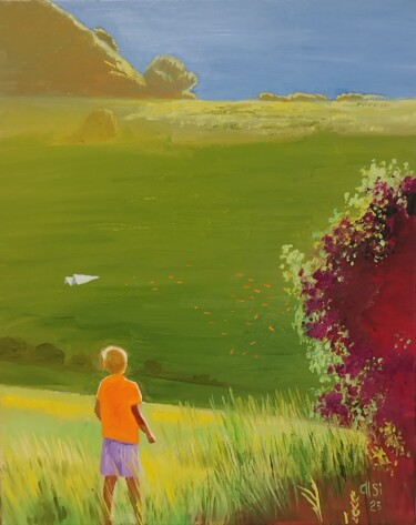 Paper Wings and Green Fields. Childhood Painting titled "Paper Wings and Gre…" by Larisa Sidorova (Alsi), Original Artwork, Oil Mounted on Wood Stretcher frame