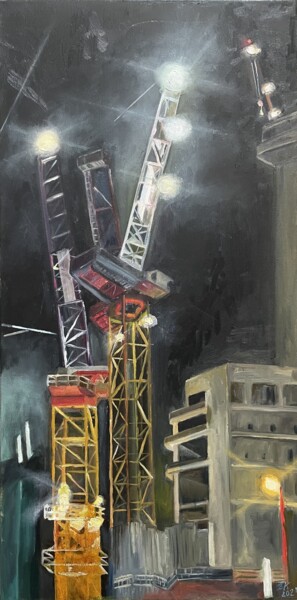 Ζωγραφική με τίτλο "Nighttime City Cons…" από Victoria Kukuy, Αυθεντικά έργα τέχνης, Λάδι Τοποθετήθηκε στο Ξύλινο φορείο σκε…