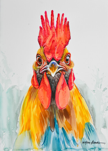 Pintura intitulada "rooster" por Kang Zhou, Obras de arte originais, Aquarela
