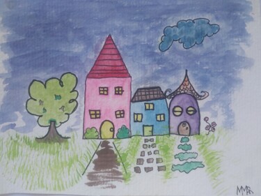 Pintura intitulada ""Doce Vila Infantil"" por Marcia Marina, Obras de arte originais, Aquarela