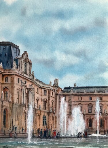 Malerei mit dem Titel "Louvre Museum, Paris" von Darrencareyart Darren Carey, Original-Kunstwerk, Aquarell Auf Karton montie…