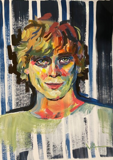 Kind man in stripes. Portraits 30x42 cm Schilderij getiteld "Kind man in stripes…" door Anna Veber, Origineel Kunstwerk, Acryl