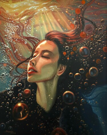 제목이 "Portrait aquatique 9"인 미술작품 Sébastien Carreyre로, 원작, 기름 나무 들것 프레임에 장착됨