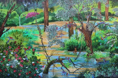Pintura intitulada "Onde moram as araras" por Mara D. Toledo, Obras de arte originais, Acrílico Montado em Armação em madeira