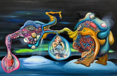 Schilderij getiteld "Bassotti Band" door Paolo Chiarloni, Origineel Kunstwerk, Olie Gemonteerd op Frame voor houten brancard