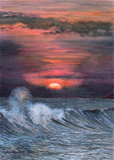 제목이 "Por do sol na praia"인 그림 Carla Henrique Silva로, 원작, 수채화