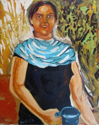 Malarstwo zatytułowany „Girl watering tulas…” autorstwa Ranjith Kk, Oryginalna praca, Akryl