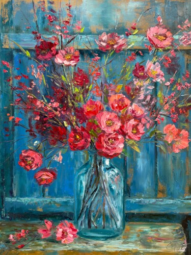 "“JAPANESE ROSE AND…" başlıklı Tablo Victoria Parshina tarafından, Orijinal sanat, Petrol Ahşap Sedye çerçevesi üzerine mont…