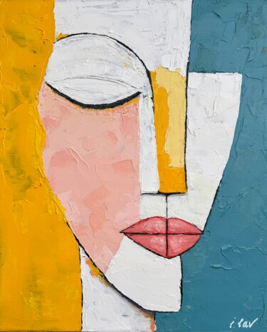 Pause. Abstract Geometric Modern Expressionist Portrait 绘画 标题为“Pause. Abstract Geo…” 由Irina Lav, 原创艺术品, 丙烯 安装在木质担架架上