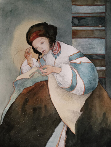 Pittura intitolato "Embroiderer" da Oksana Duchenchuk, Opera d'arte originale, Acquarello