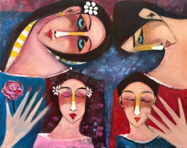 Painting titled "„Сърцето на четирим…" by Anna Mytavska (Cabrerra), Original Artwork, Oil Mounted on Wood Stretcher frame