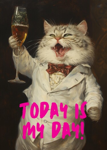 Digitale Kunst mit dem Titel "Festive Feline Chee…" von Chun Yu Guan, Original-Kunstwerk, KI-generiertes Bild Auf Karton mon…