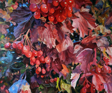Painting titled "Red viburnum" by Anatoly Varvarov, Original Artwork, Oil Mounted on Wood Stretcher frame