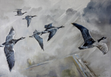 Pittura intitolato "The geese flew away" da Anatoly Varvarov, Opera d'arte originale, Olio Montato su Telaio per barella in…
