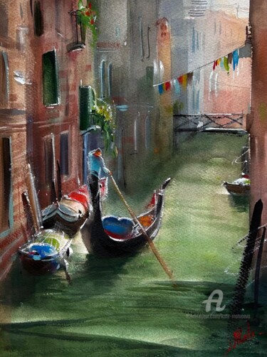 VENICE.GONDOLAS Arte digitale intitolato "VENICE.GONDOLAS" da Mkate, Opera d'arte originale, Acquarello