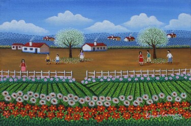 Ζωγραφική με τίτλο "Paisagem" από Edna De Araraquara, Αυθεντικά έργα τέχνης, Ακρυλικό Τοποθετήθηκε στο Ξύλινο φορείο σκελετό