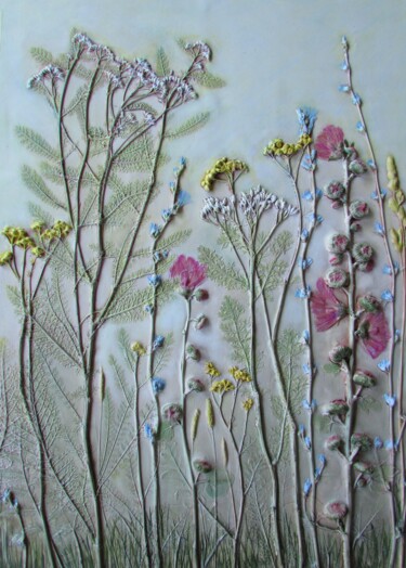 "Morning in a Blooming Meadow" – Botanical Relief | Sculpt Painting titled ""Morning in a Bloom…" by Alena Panchenia Elena Pancena, Original Artwork, Plaster