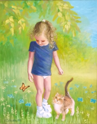 A girl, a butterfly and a cat Painting titled "A girl, a butterfly…" by Larisa Sidorova (Alsi), Original Artwork, Oil Mounted on Other rigid panel