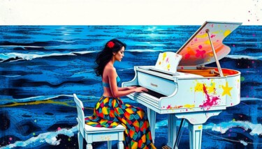 Arts numériques intitulée "pianist by the sea" par Modane, Œuvre d'art originale, Image générée par l'IA