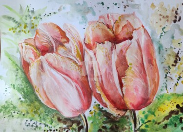 Painting titled "Two coral tulips" by Diana Editoiu, Original Artwork, Watercolor