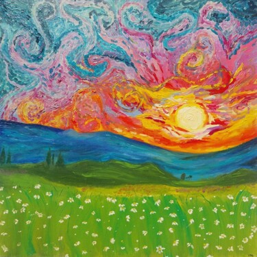 Painting titled "Campo de Margaridas" by Marcia Marina, Original Artwork, Oil Mounted on Wood Stretcher frame