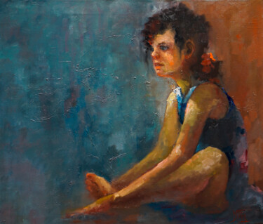 Painting titled "girl and the sea" by Pavel Filin, Original Artwork, Oil Mounted on Wood Stretcher frame