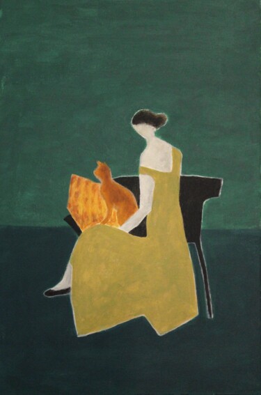 Painting titled "Woman with orange at" by Naoko Paluszak, Original Artwork, Acrylic Mounted on Wood Stretcher frame