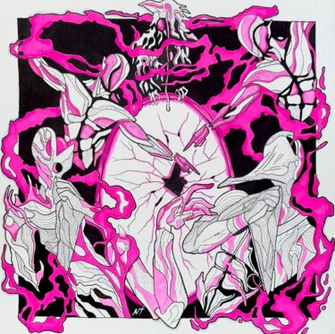 Distorted Reflection – Fuchsia & Black | Markers on Paper 제목이 "Distorted Reflectio…"인 그림 Nolan Trace로, 원작, 마커
