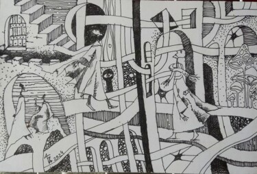 Drawing titled "Параллельные миры" by Aleksandr Bo, Original Artwork, Graphite Mounted on Wood Stretcher frame