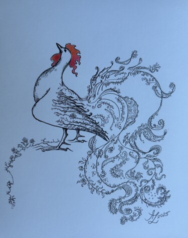 Drawing titled "Rooster on Watch" by Anita Zotkina, Original Artwork, Ink