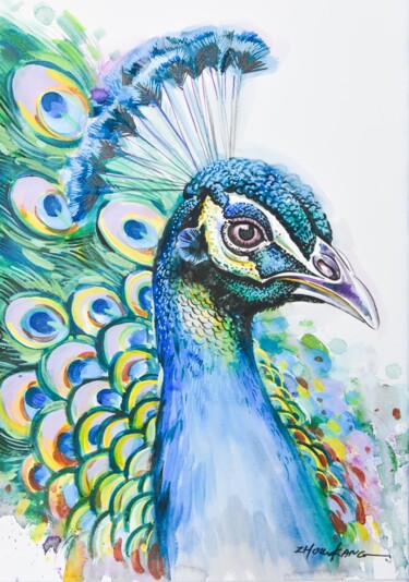 Ζωγραφική με τίτλο "Peacock 1" από Kang Zhou, Αυθεντικά έργα τέχνης, Ακουαρέλα