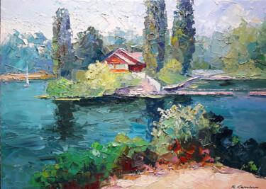 Schilderij getiteld "The house by the ri…" door Boris Serdyuk, Origineel Kunstwerk, Olie Gemonteerd op Frame voor houten bra…
