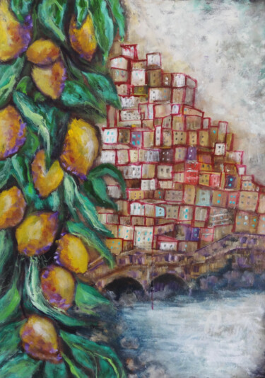 Lemon Tree by the Sea - Semi Abstract Oil Painting 绘画 标题为“Lemon Tree by the S…” 由Indrani Ghosh, 原创艺术品, 油
