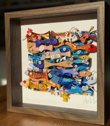 Schilderij getiteld "Little Fish #9" door Michael Fantozzi, Origineel Kunstwerk, Acryl Gemonteerd op Frame voor houten branc…