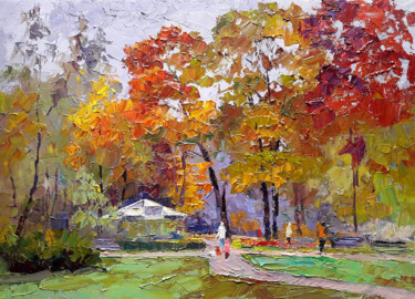 Schilderij getiteld "In the park" door Boris Serdyuk, Origineel Kunstwerk, Olie Gemonteerd op Frame voor houten brancard